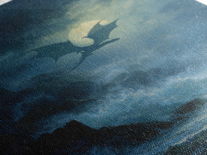 Moonlit Dragon Above Stormy Ocean Wall Art Gothic Seascape Canvas Print For Fantasy Decor Coastal Art And Moody Home Decor Gift For Him