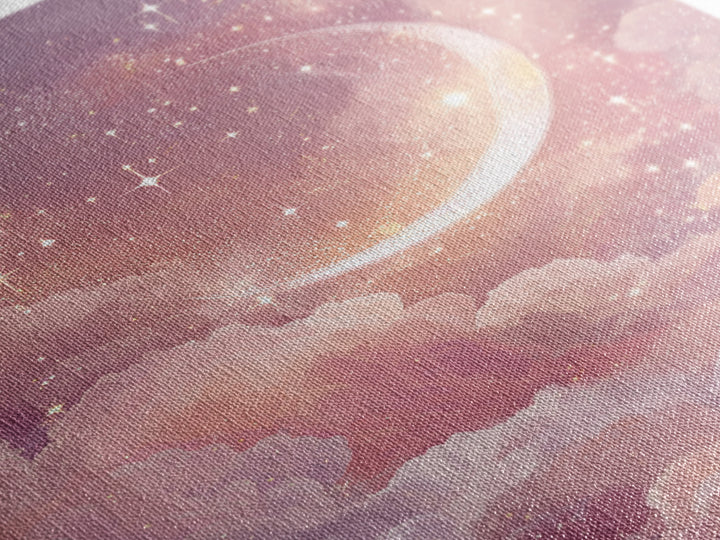 Glowing Crescent Moon Among Pink Clouds Wall Art, Celestial Canvas Print, Dreamy Nursery Decor, Whimsical Bedroom Art, Gift For Her