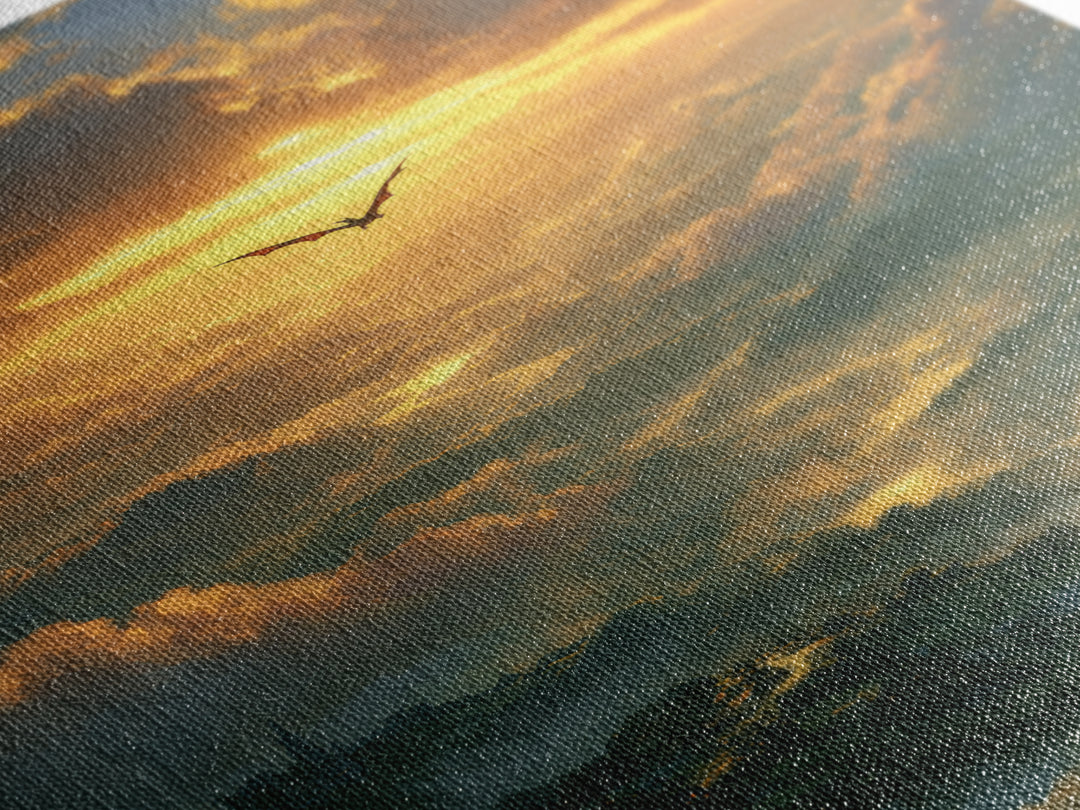 Golden Dragon Above Misty Valley Framed Canvas Print, Fantasy Landscape Wall Decor, Epic Castle Art For Living Room Home Decor