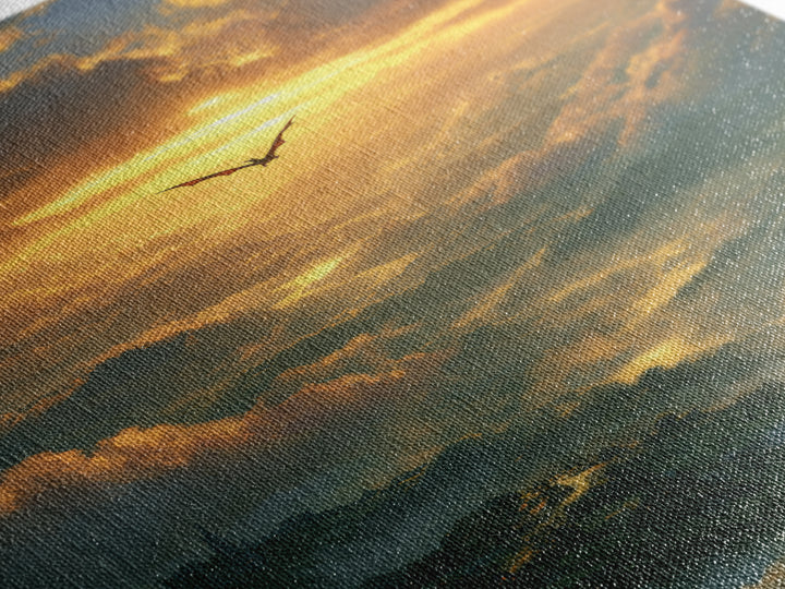 Golden Dragon Above Misty Valley Framed Canvas Print, Fantasy Landscape Wall Decor, Epic Castle Art For Living Room Home Decor