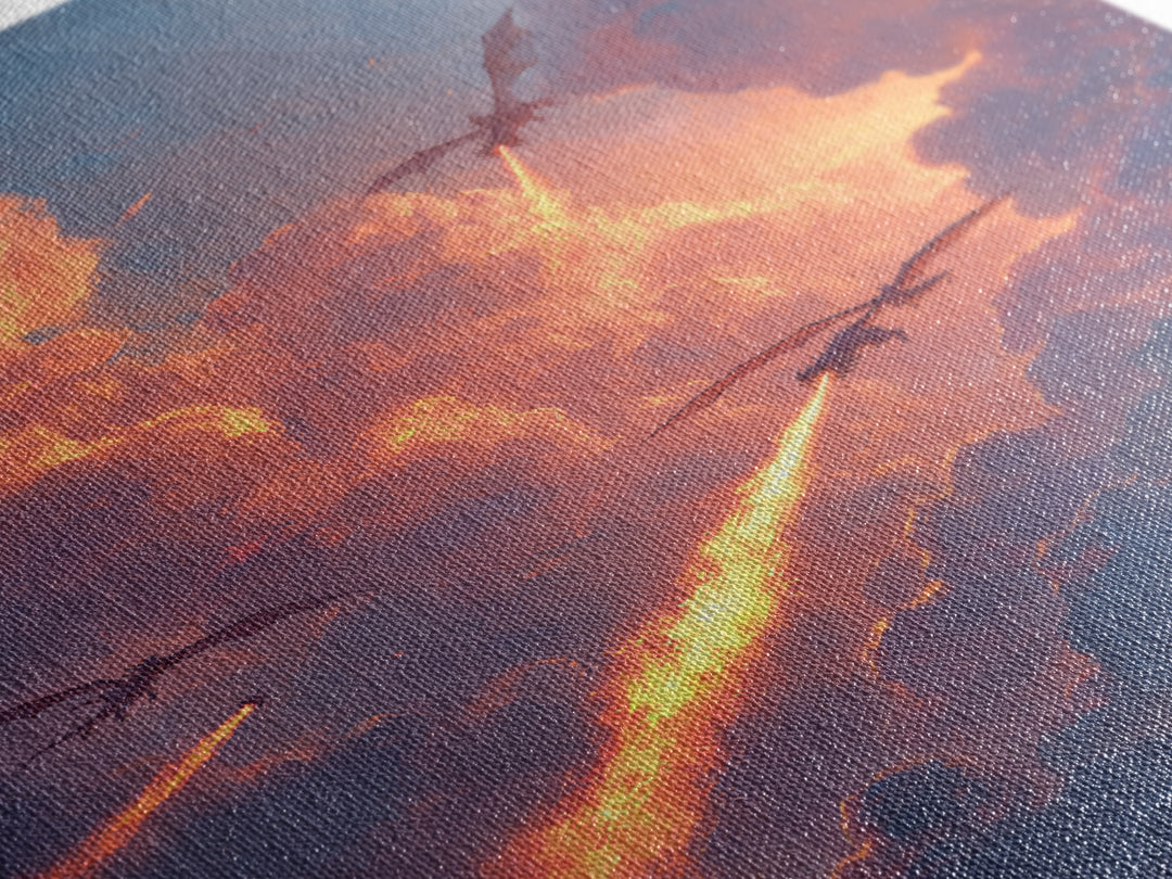 Dragons Breathing Fire Through Sunset Clouds Canvas Print, Fantasy Sky Wall Art, Vibrant Large Statement Living Room Home Decor