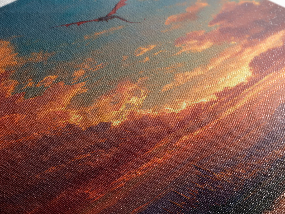 Sunset Dragon Above Spired City Framed Canvas Print, Fantasy Landscape Wall Art, Castle Decor For Living Room, Epic Home Decor