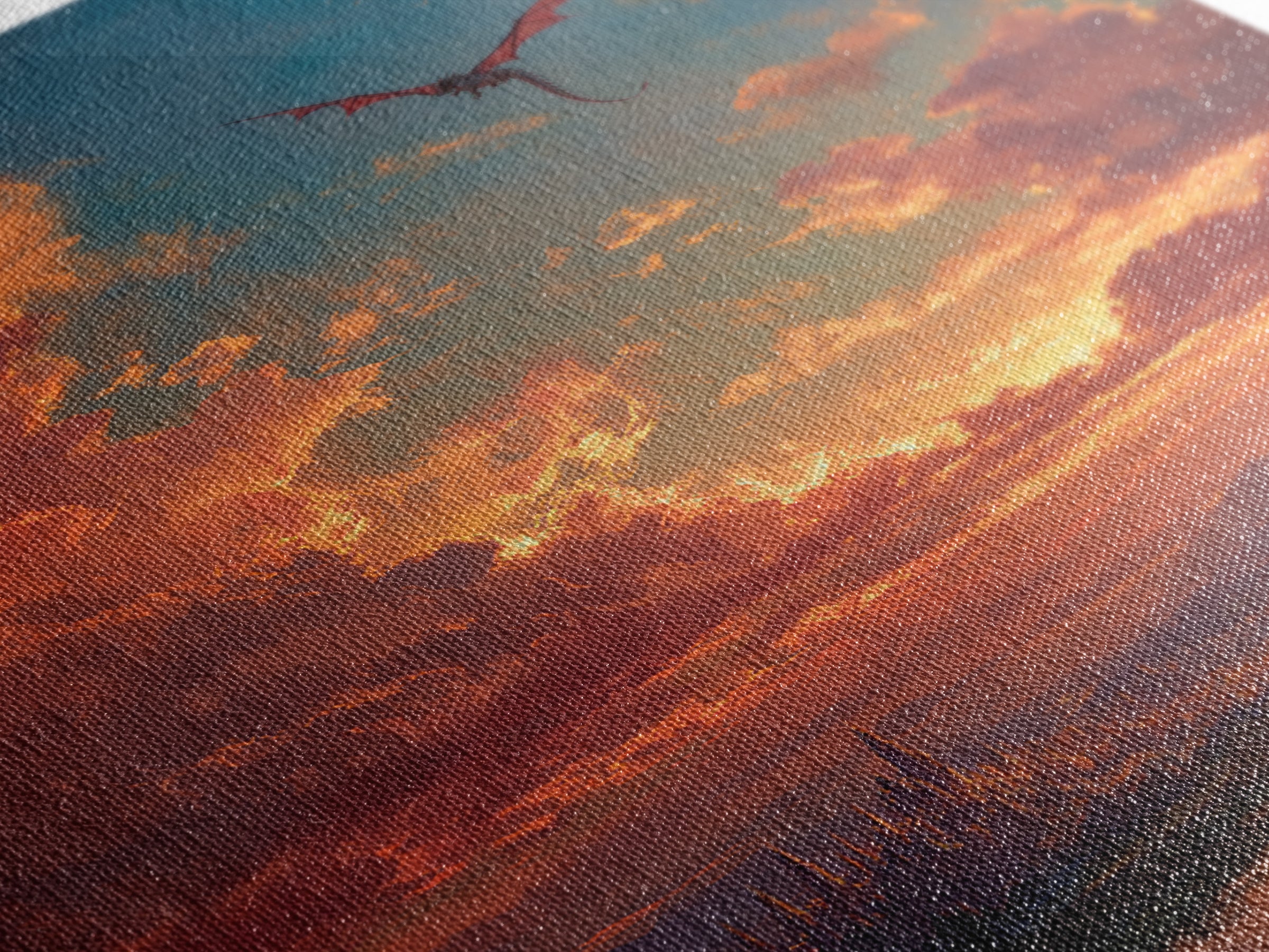 Sunset Dragon Above Spired City Framed Canvas Print, Fantasy Landscape Wall Art, Castle Decor For Living Room, Epic Home Decor