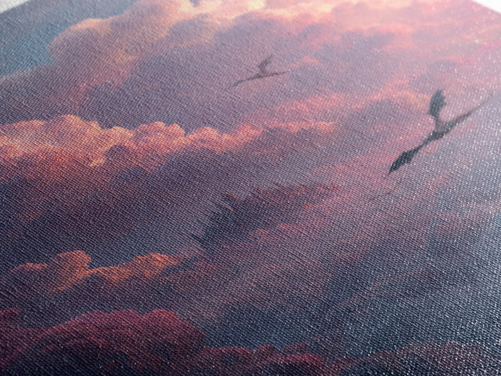Pink Cloud Castle With Flying Dragons Canvas Print, Dreamy Fantasy Wall Art, Soft Pastel Celestial Nursery And Bedroom Decor
