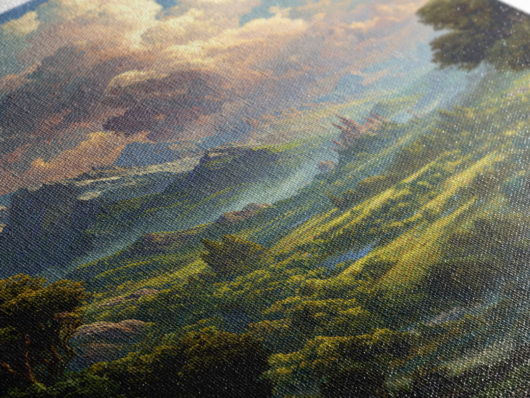 Lush Fantasy Valley With Distant Castle Wall Art, Mountain Landscape Canvas Print, Nature Decor For Living Room, Large Home Decor