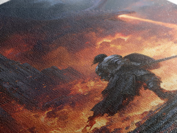 Dragon Battle Knight In Burning Castle Wall Art, Fantasy Warrior Canvas, Dark Medieval Decor, Epic Gothic Gift Print For Him