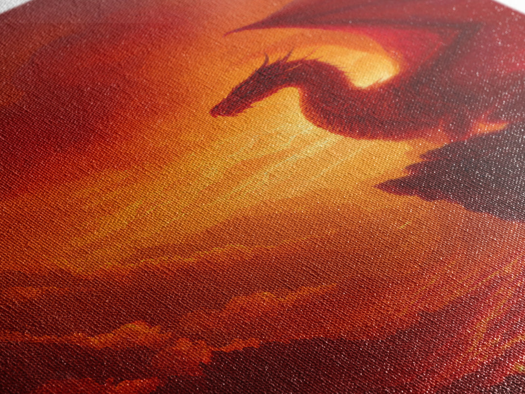 Red Dragon On Mountain Cliff Wall Art, Fantasy Landscape Canvas Print, Sunset Painting, Medieval Castle Decor Gift For Him Home Decor