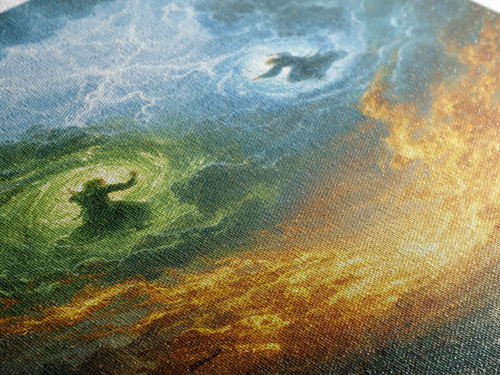 Elemental Wizards In Stormy Sky Wall Art, Fantasy Magic Canvas Print, Lightning Battle, Mystical Decor Gift For Him Home Decor