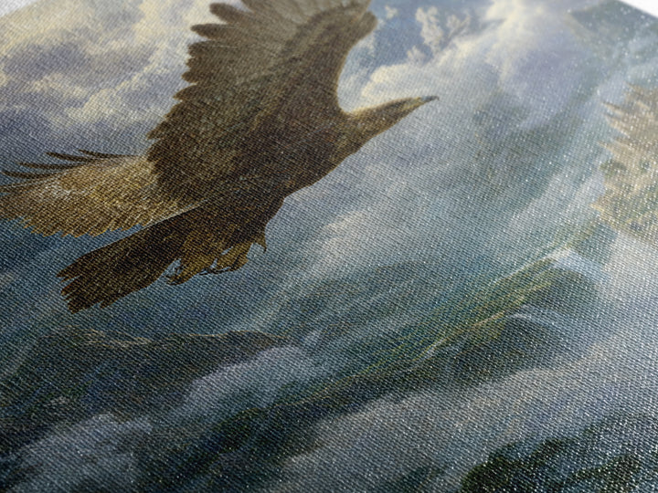 Majestic Eagle Over Misty Mountain Castle Wall Art, Wildlife Landscape Canvas Print, Fantasy Nature Decor Gift For Him Home Decor