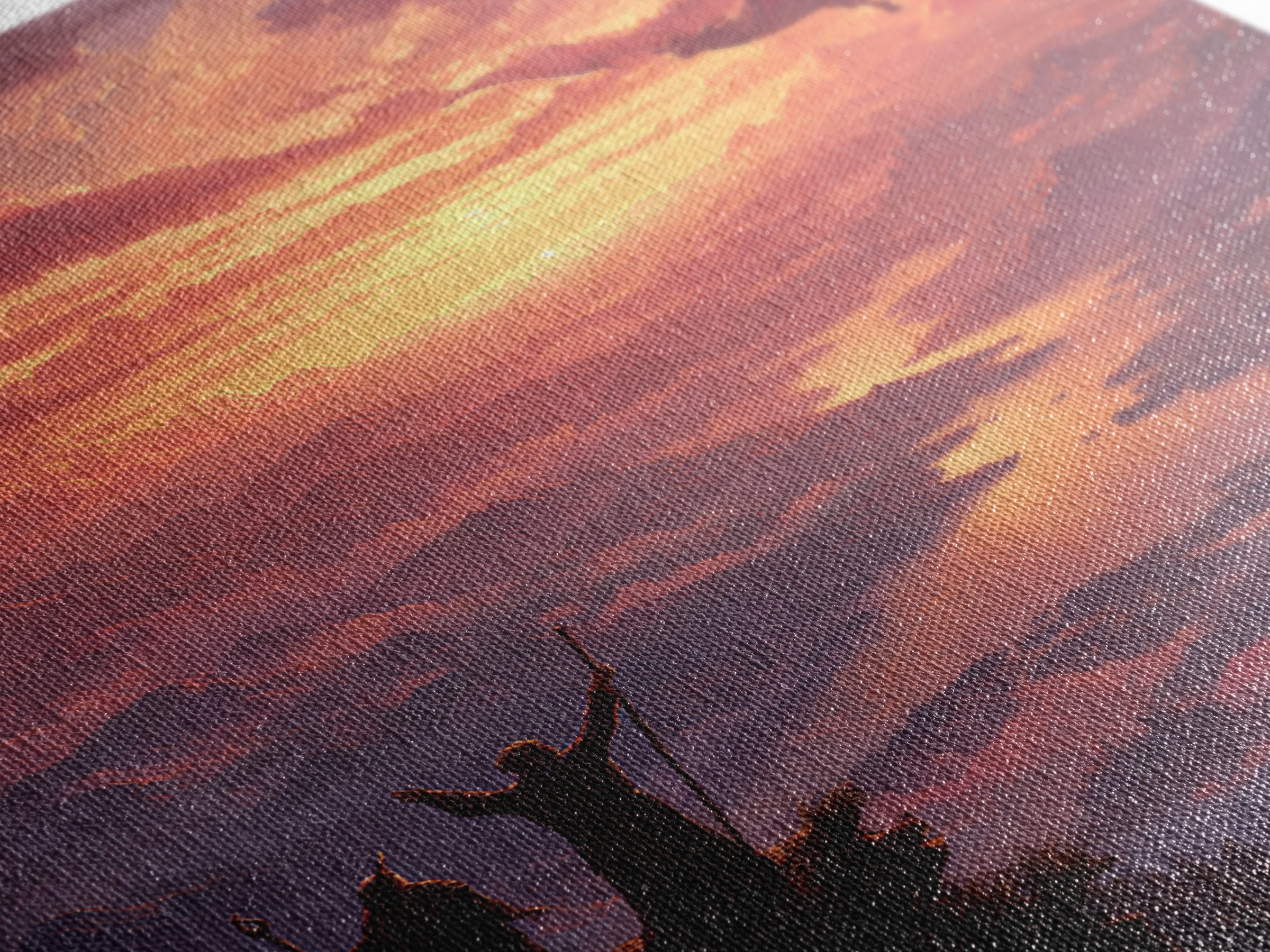 Wizards Watching Dragon Over Sunset Valley Wall Art, Fantasy Landscape Canvas Print, Magical Castle Decor Gift For Him Home Decor