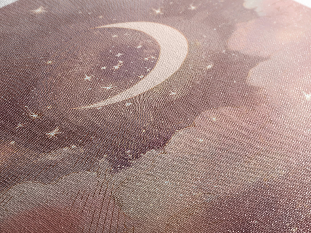 Crescent Moon And Starry Pink Clouds Wall Art, Celestial Canvas Print, Whimsigoth Bedroom Decor, Mystical Nursery Art, Gift For Her