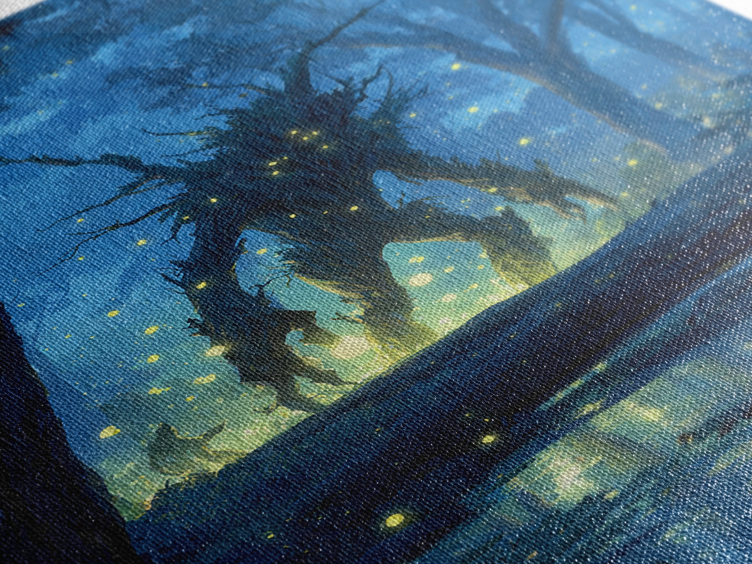 Glowing Forest Spirit At Moonlit Creek Wall Art, Fantasy Forest Canvas, Mystical Woodland Decor, Dark Fairy Tale Art Print
