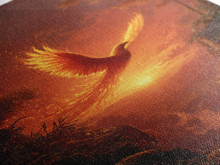 Fiery Phoenix Soaring Over Sunset Canyon Canvas Print, Fantasy Bird Wall Art, Dramatic Orange Home Decor, Mythical Artwork