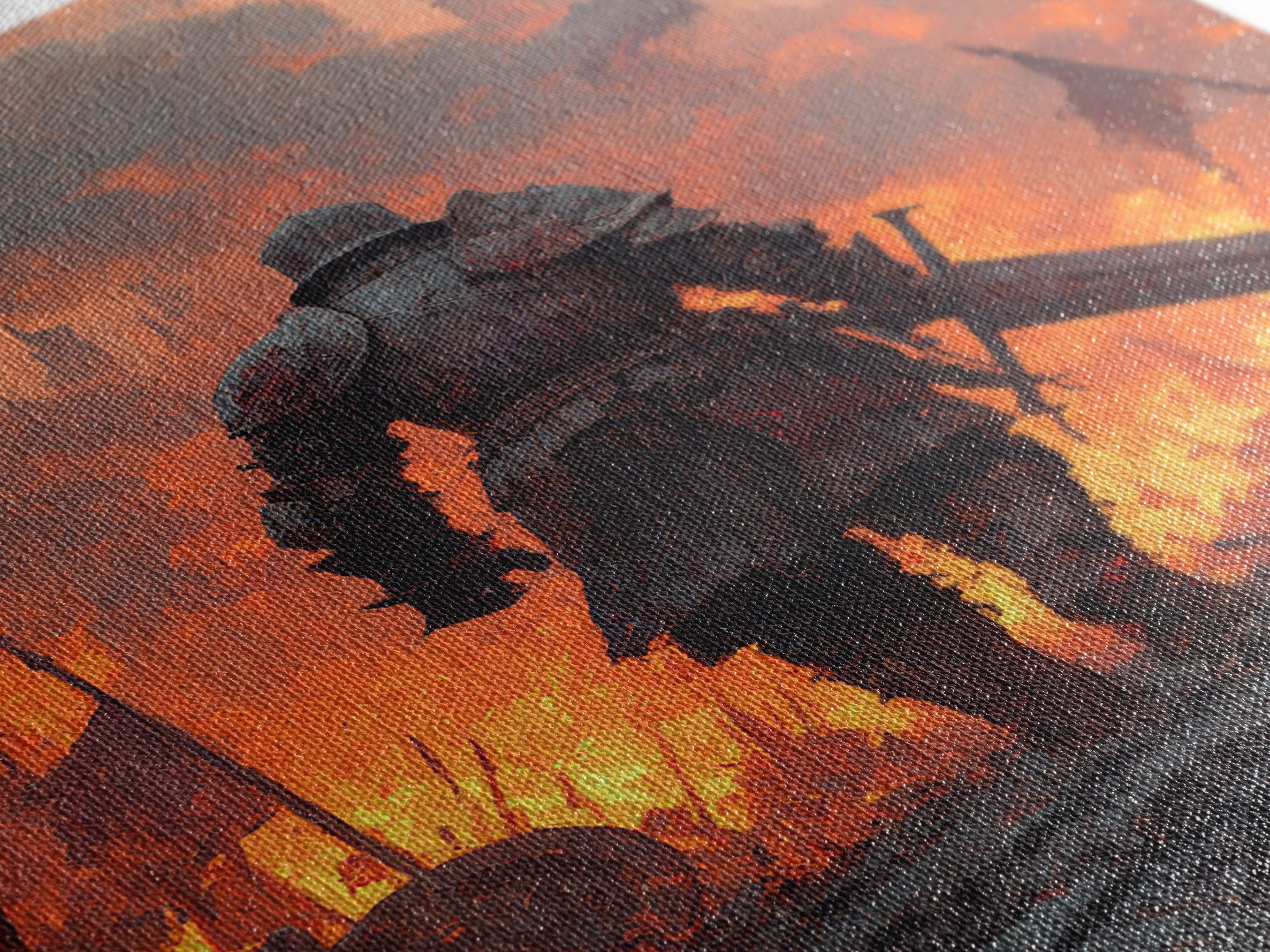 Armored Knight Walking Through Burning Battlefield Wall Art, Dark Fantasy Canvas, Medieval Warrior Decor, Dramatic Fire Art Print