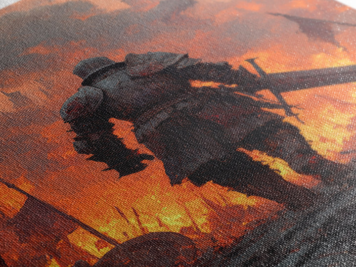 Armored Knight Walking Through Burning Battlefield Wall Art, Dark Fantasy Canvas, Medieval Warrior Decor, Dramatic Fire Art Print