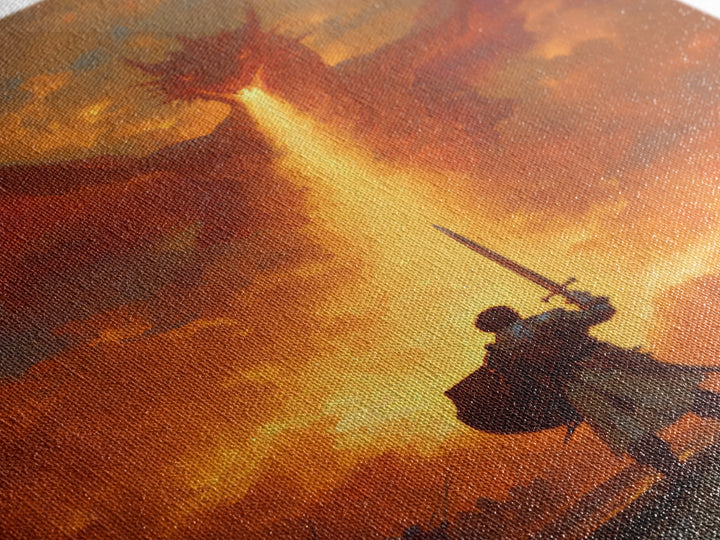Lone Swordsman Facing Fire Breathing Red Dragon Wall Art, Epic Fantasy Canvas Print, Medieval Battle Living Room Decor Gift