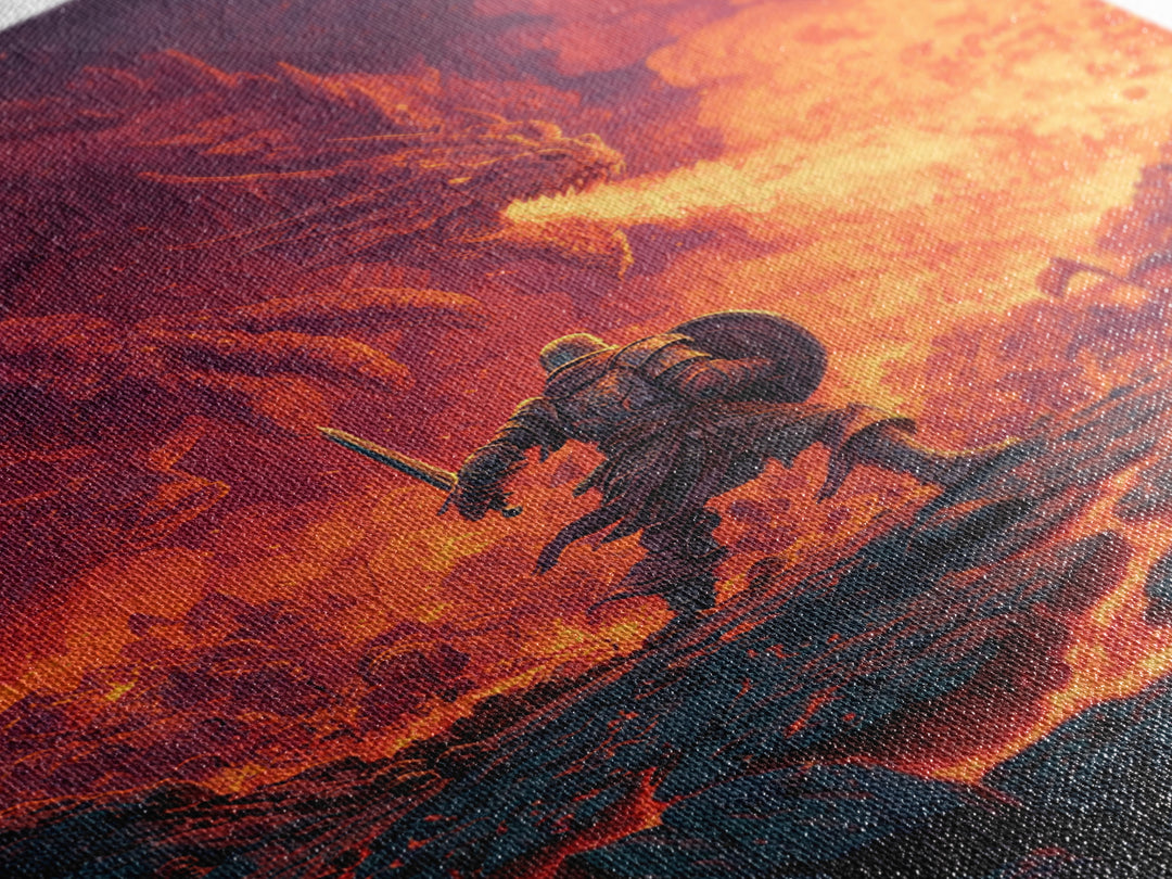 Knight Charging Through Lava Toward Fire Dragon Wall Art, Dark Fantasy Framed Canvas Print, Medieval Battle Game Room Decor