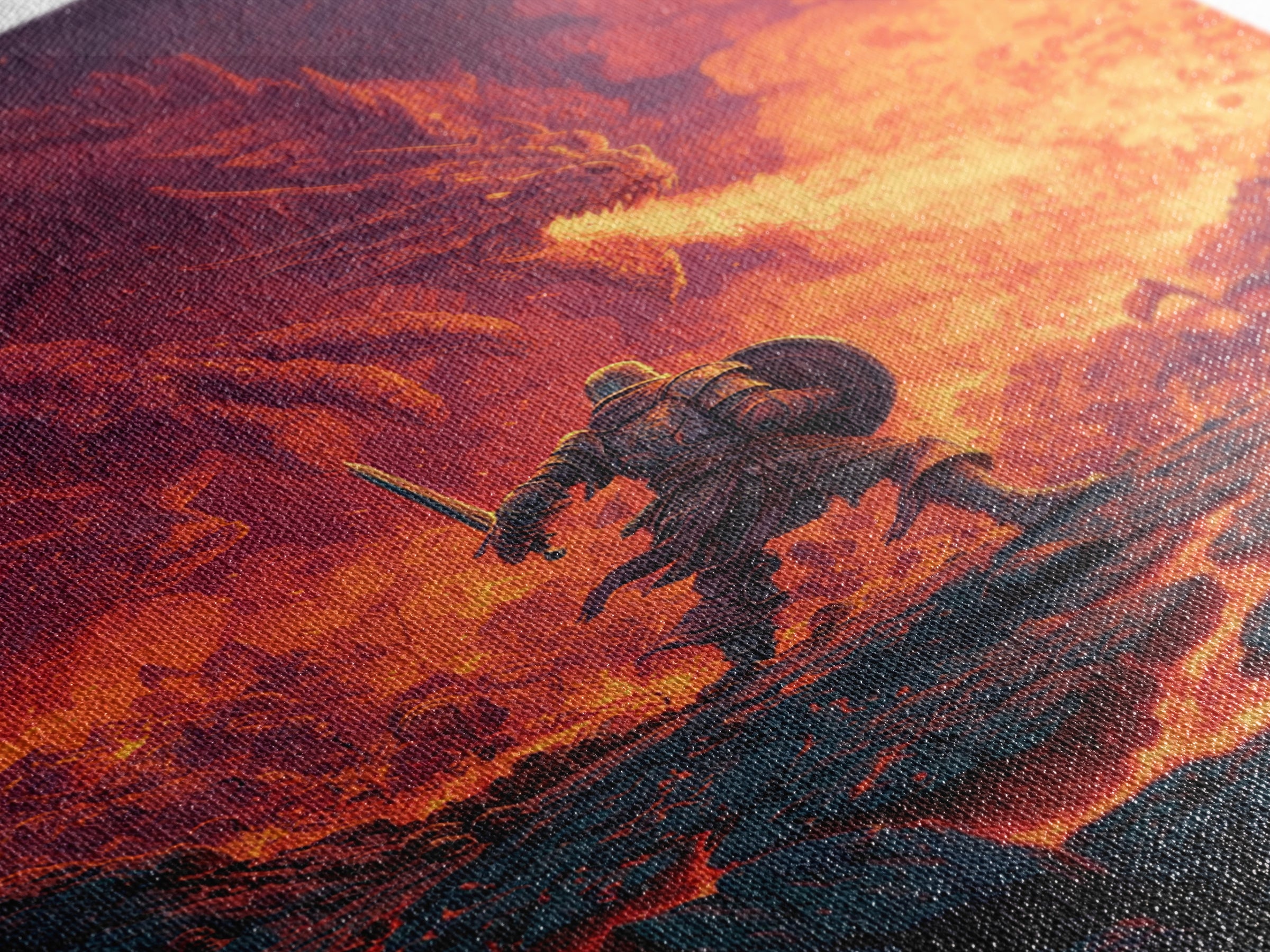 Knight Charging Through Lava Toward Fire Dragon Wall Art, Dark Fantasy Framed Canvas Print, Medieval Battle Game Room Decor