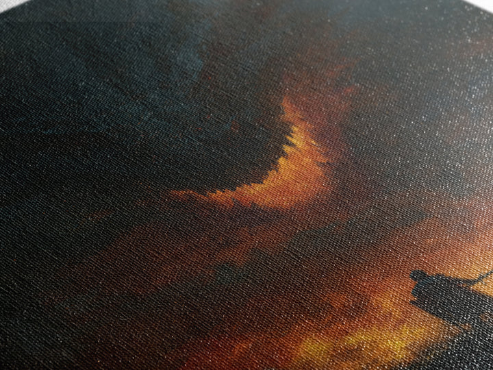 Dark Dragon Looming Over Lone Knight Wall Art, Gothic Fantasy Canvas Print, Apocalyptic Fire Medieval Office Decor Gift For Him
