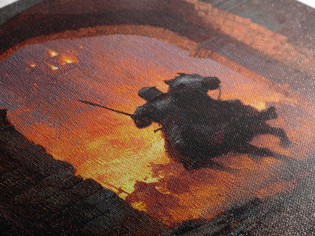 Mounted Knight Riding Through Burning Stone Arch Wall Art, Dark Fantasy Framed Canvas Print, Medieval Castle Home Decor Gift