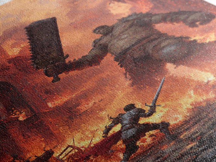 Knight Fighting Giant Ogre In Burning City Wall Art, Dark Fantasy Canvas Print, Medieval Monster Battle Game Room Decor Gift