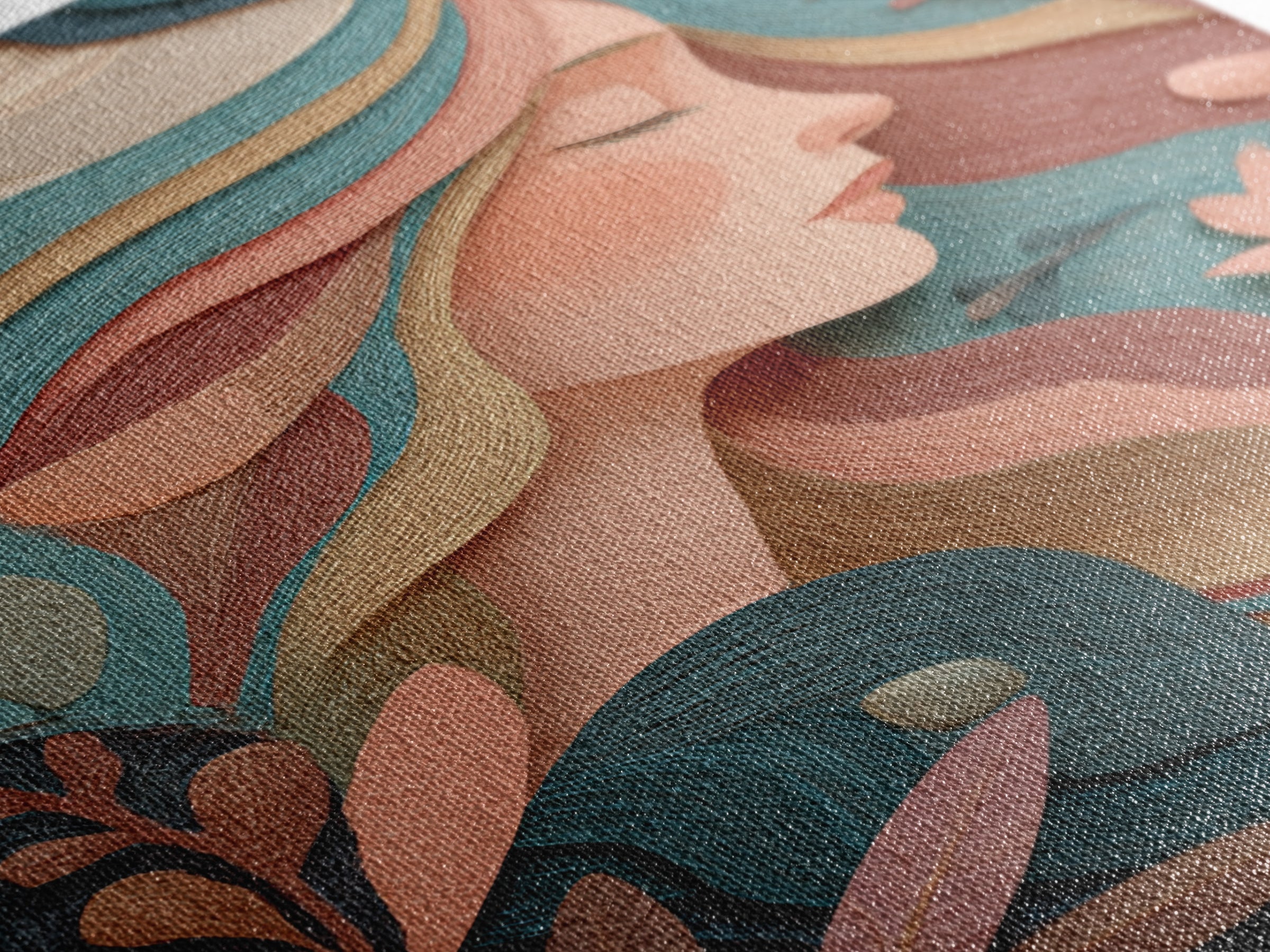 Art Nouveau Floral Woman Portrait Wall Art, Feminine Boho Canvas, Teal Peach Bedroom Decor, Elegant Gift For Her, Modern Home Decor