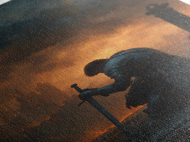 Lone Knight Kneeling At Sword Canvas Print, Dark Fantasy Medieval Wall Decor, Gothic Castle Ruins, Moody Office Art, Statement Artwork