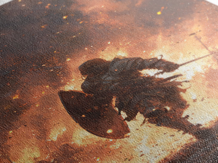 Knight Running Through Fire Wall Art, Dark Fantasy Medieval Battle Print, Gothic Warrior Canvas Decor, Dramatic Game Room Art