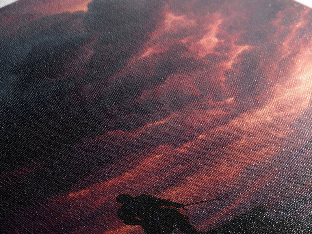 Lone Warrior Under Crimson Lightning Storm Wall Art, Dark Fantasy Landscape, Medieval Castle Decor, Dramatic Gothic Poster