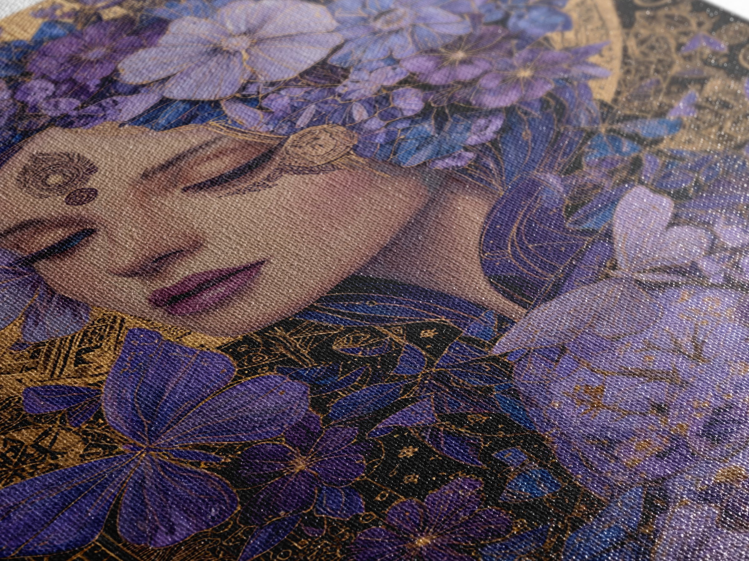Purple Floral Goddess Portrait Wall Art, Art Nouveau Butterfly Decor, Feminine Celestial Canvas Print, Gift For Her, Boho Wall Decor