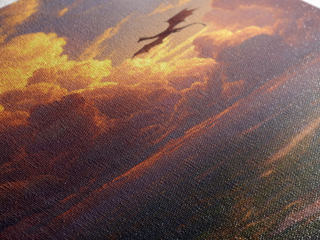 Dragon Flying Through Golden Sunset Clouds Wall Art, Epic Fantasy Landscape, Castle Valley Decor, Large Canvas Print, Gift For Him