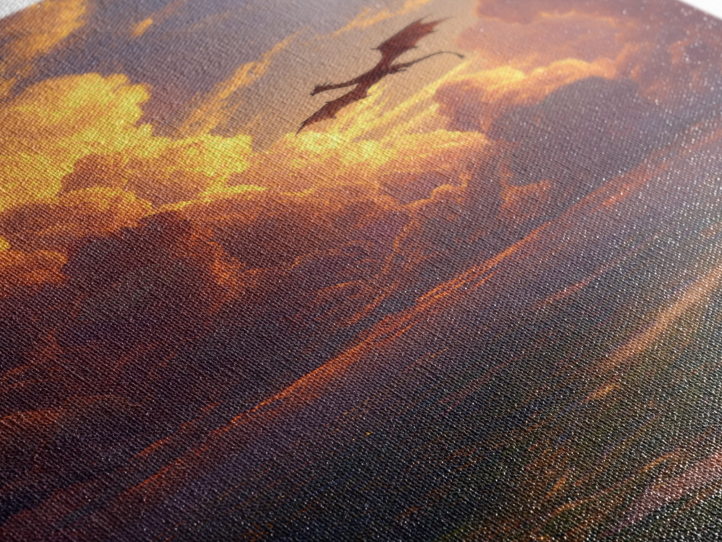 Dragon Flying Through Golden Sunset Clouds Wall Art, Epic Fantasy Landscape, Castle Valley Decor, Large Canvas Print, Gift For Him