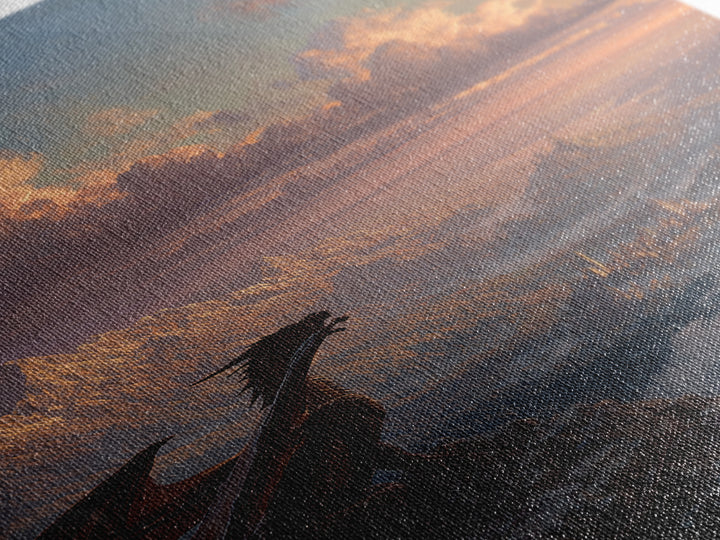 Dragon On Mountain Overlooking Kingdom At Sunset Canvas Print, Fantasy Landscape Wall Art, Castle Decor, Gift For Him, Adventure Poster