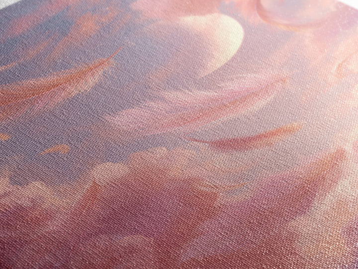 Crescent Moon Feather Wall Art, Pink Cloud Celestial Canvas, Dreamy Nursery Decor, Whimsical Bedroom Print Gift For Her, Pastel Decor
