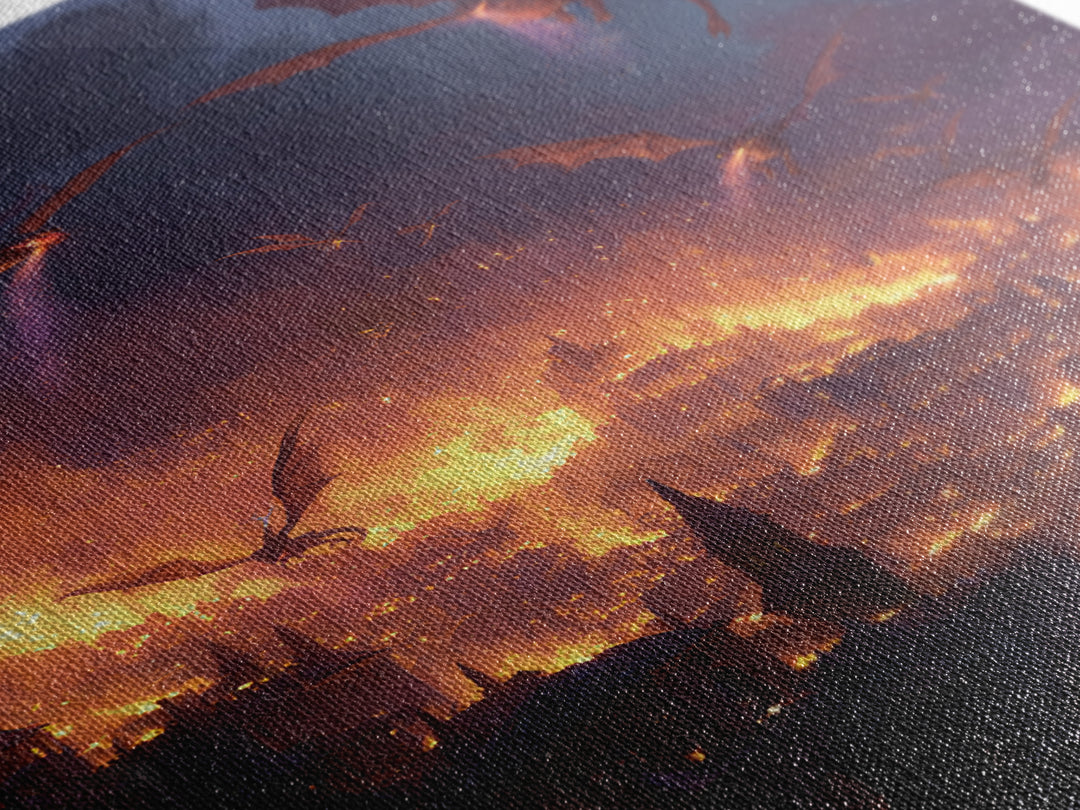 Burning Dragon Siege Over Medieval City Wall Art, Dark Fantasy Canvas Print, Gothic Castle Decor, Epic Fire Dragon Artwork