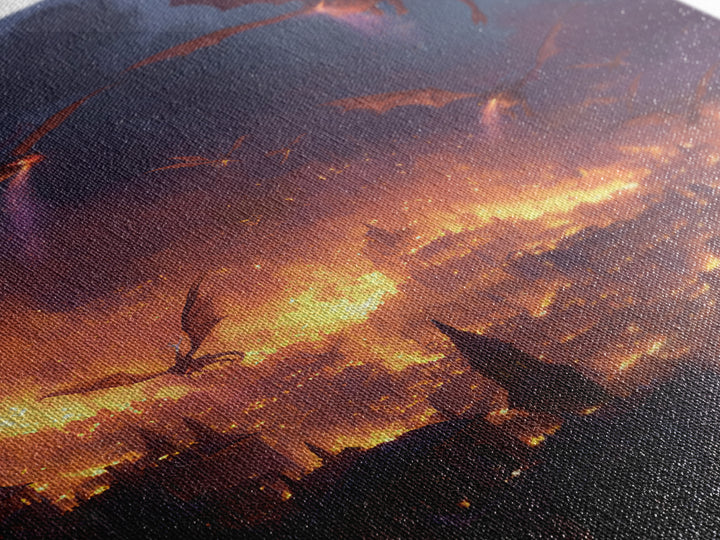 Burning Dragon Siege Over Medieval City Wall Art, Dark Fantasy Canvas Print, Gothic Castle Decor, Epic Fire Dragon Artwork