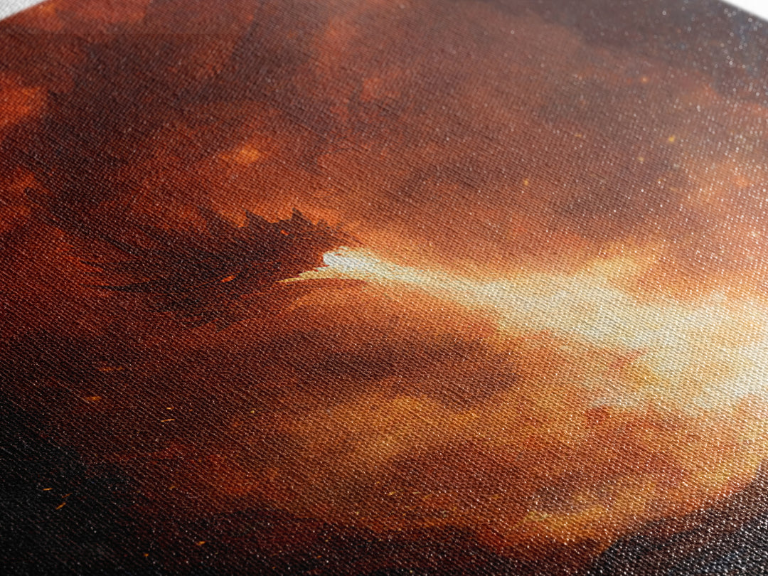 Lone Warrior Facing Fire Breathing Dragon Canvas Print, Dark Fantasy Wall Art, Epic Cave Battle Decor, Dramatic Monster Art