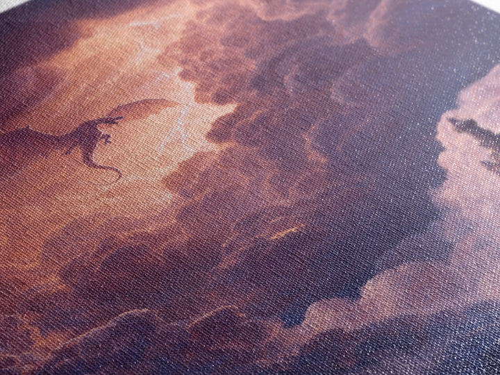Dragon Flying Through Thunderclouds Framed Canvas Print, Fantasy Wall Art, Moody Sky Landscape, Castle Tower Decor, Epic Fantasy Gift