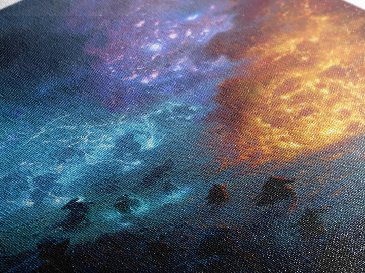 Elemental Fire And Ice Battle Wall Art, Epic Fantasy Canvas Print, Surreal Magic Landscape, Dramatic Warrior Decor, Adventure Artwork