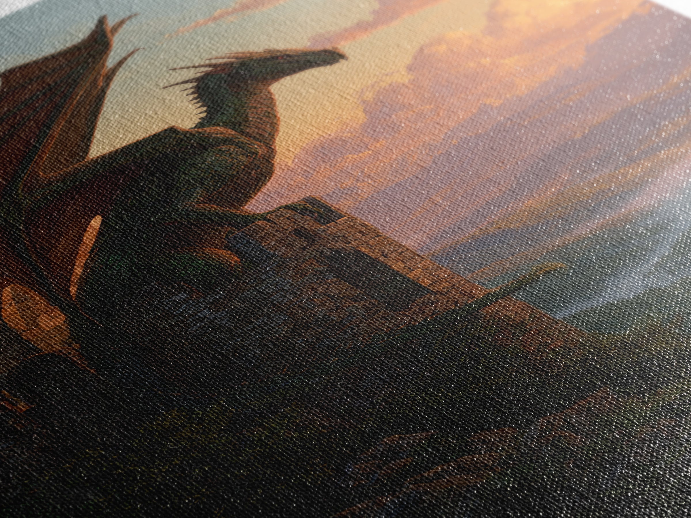 Green Dragon Guarding Mountain Castle Wall Art, Epic Fantasy Canvas Print, Medieval Valley Landscape, Statement Home Decor