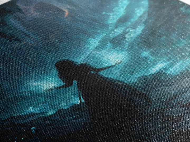 Glowing Crystal Cavern Sorceress Wall Art, Fantasy Art Print, Mystical Blue Cave Decor, Witchy Home Decor Gift For Her, Room Decor