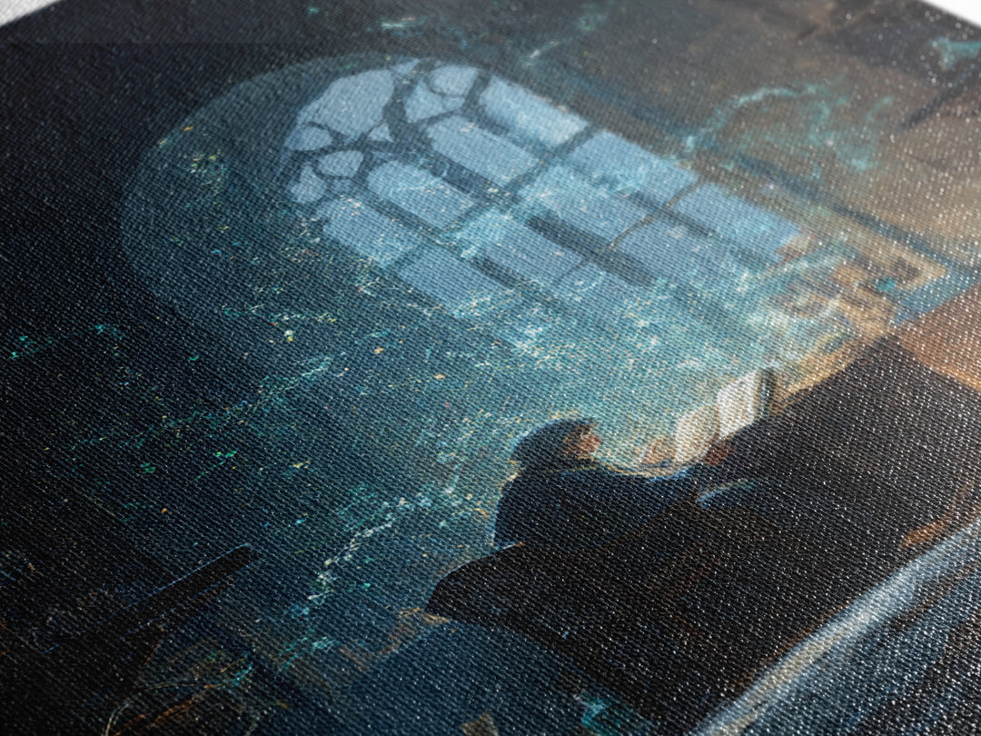 Alchemist Reading In Candlelit Library Framed Canvas Print, Dark Academia Wall Art, Wizard Study Decor, Bookish Gift For Readers