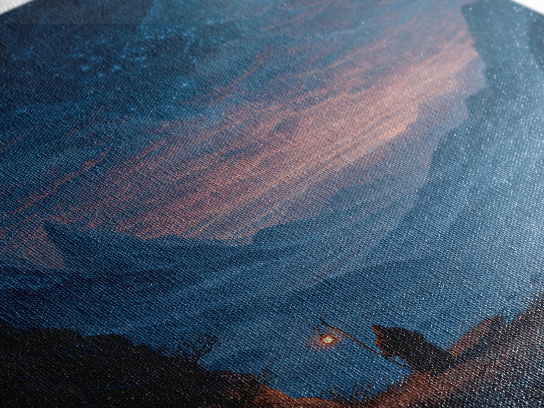 Starry Mountain Valley Pilgrim Wall Art, Fantasy Landscape Canvas Print, Celestial Night Sky Decor, Moody Blue Art Print