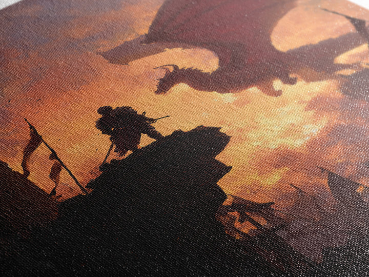 Knight Facing Red Dragon Wall Art, Epic Fantasy Canvas Print, Medieval Castle Decor, Dragon Artwork Gift For Him, Living Room Decor