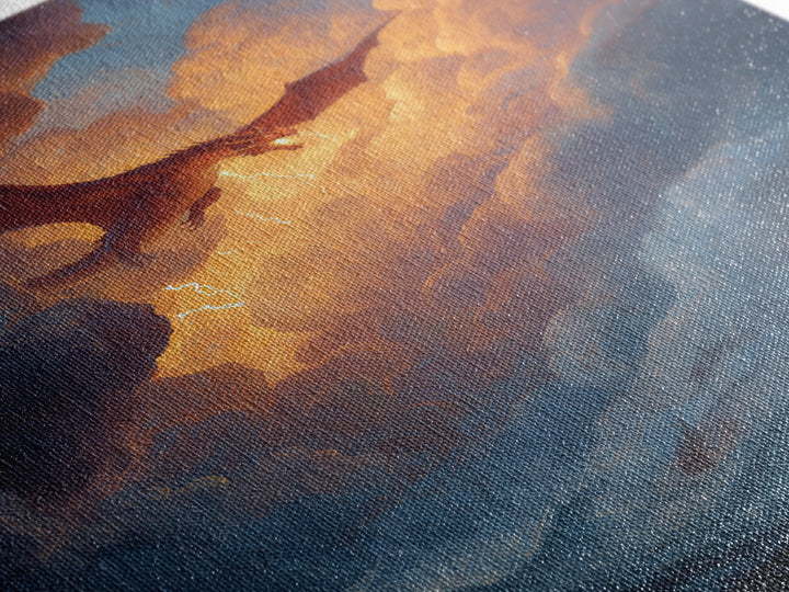 Golden Sky Dragon Above Stormy Sea Framed Canvas Print, Epic Fantasy Wall Art, Ocean Seascape Decor, Dragon Gift For Him