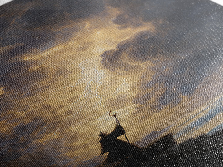 Storm Wizard On Sea Cliff Wall Art, Lightning Sky Canvas Print, Dark Fantasy Seascape Decor, Gothic Coastal Gift For Him