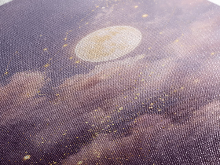 Glowing Moon And Star Cloud Wall Art, Lavender Celestial Canvas, Zodiac Constellation Decor, Dreamy Bedroom Print For Her