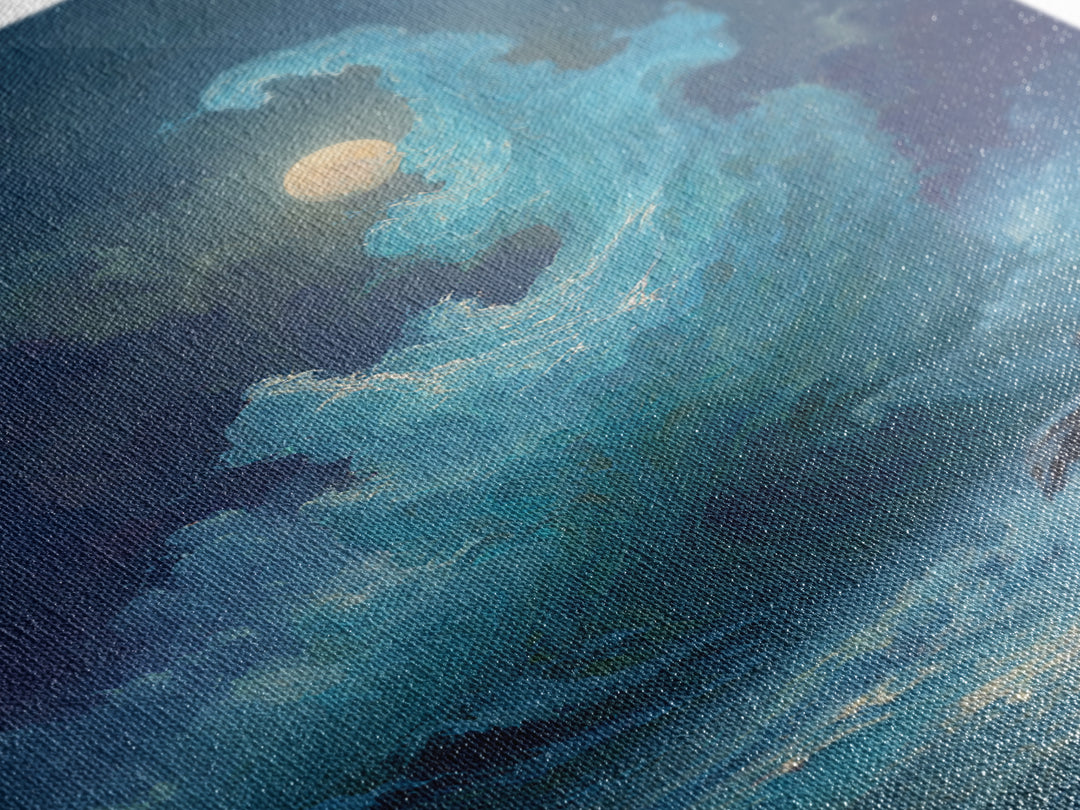 Moonlit Turquoise Wave Canvas Print, Dramatic Ocean Seascape Wall Decor, Coastal Fantasy Art For Bedroom And Living Room