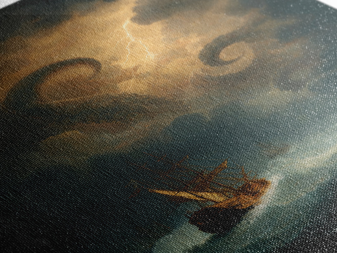 Kraken Sea Monster Wall Art, Stormy Ship Ocean Fantasy Painting, Dark Nautical Canvas Print For Gothic Coastal Decor Gift