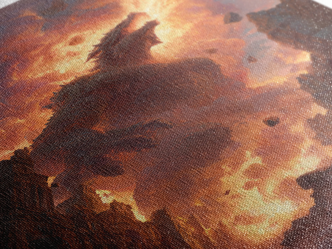 Titan Dragon Rising From Ruins Wall Art, Fiery Fantasy Monster Canvas Print, Epic Apocalyptic Decor For Gamer Room Gift